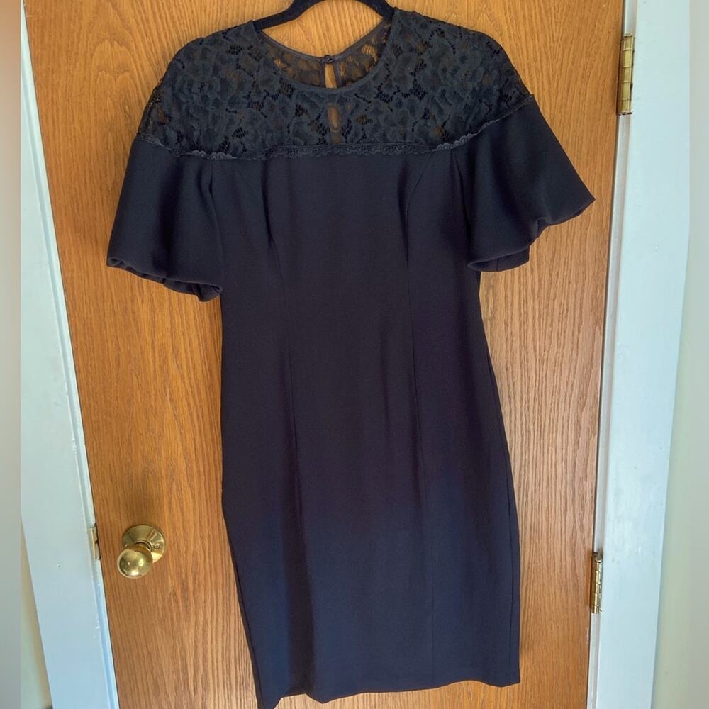 Adrianna Papell Womens Black Sheath Dress Lace Cocktail Flutter Sleeve Keyhole